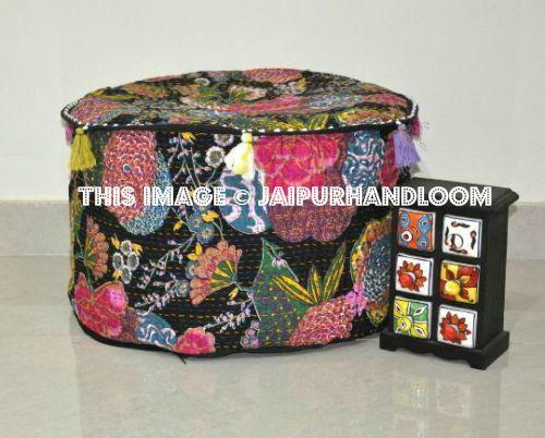Black Tropicana Pouf Ottoman-Jaipur Handloom