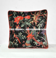Black Velvet Pillow In Bird Print, Black Velvet Pillow Cover, Decorative Throw Pillow, Cushion Cover, Indian Pillow Cover, Floor Pillow-Jaipur Handloom