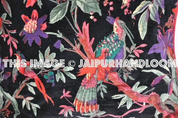 Black Velvet Pillow In Bird Print, Black Velvet Pillow Cover, Decorative Throw Pillow, Cushion Cover, Indian Pillow Cover, Floor Pillow-Jaipur Handloom