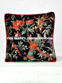 Black Velvet Pillow In Bird Print, Black Velvet Pillow Cover, Decorative Throw Pillow, Cushion Cover, Indian Pillow Cover, Floor Pillow