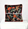 Black Velvet Pillow In Bird Print, Black Velvet Pillow Cover, Decorative Throw Pillow, Cushion Cover, Indian Pillow Cover, Floor Pillow-Jaipur Handloom