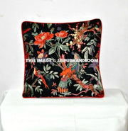Black Velvet Pillow In Bird Print, Black Velvet Pillow Cover, Decorative Throw Pillow, Cushion Cover, Indian Pillow Cover, Floor Pillow-Jaipur Handloom
