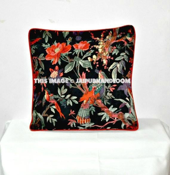 Black Velvet Pillow In Bird Print, Black Velvet Pillow Cover, Decorative Throw Pillow, Cushion Cover, Indian Pillow Cover, Floor Pillow-Jaipur Handloom