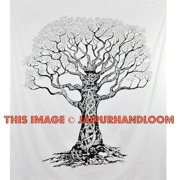 Black & White Desert Tree of Life Wall Tapestry, Indian Cotton Fringed Bedspread-Jaipur Handloom