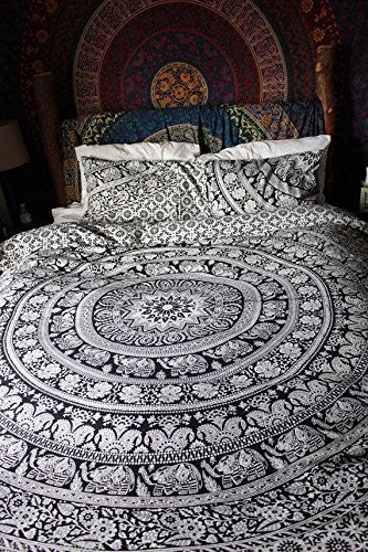 Black & White Elephant Mandala Bedspread with matching pillows-Jaipur Handloom
