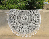 Black & White Mandala Beach Throw Blanket Beach Roundie Tassel-Jaipur Handloom