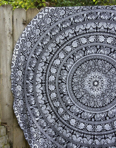 Black & White Round Tapestry Wall Hanging Mandala Tapestries-Jaipur Handloom