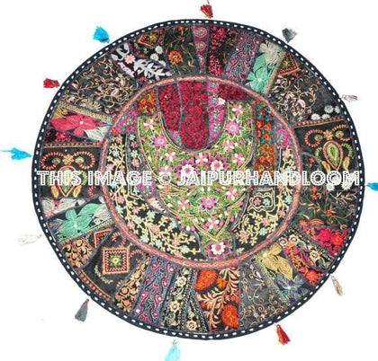 Black XL 32" Big Round Floor Pillow Cushion round seating Bohemian Patchwork floor cushion pouf Vintage Indian Foot Stool Bean Bag-Jaipur Handloom