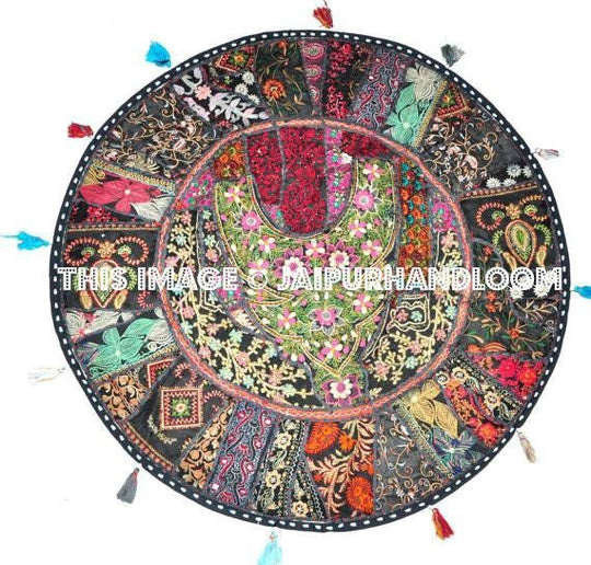 Black XL 32" Big Round Floor Pillow Cushion round seating Bohemian Patchwork floor cushion pouf Vintage Indian Foot Stool Bean Bag-Jaipur Handloom