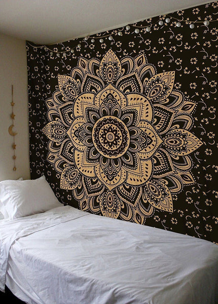 Black and Golden Mandala Tapestry Indian Floral Tapestries Bohemian Wall Hanging-Jaipur Handloom