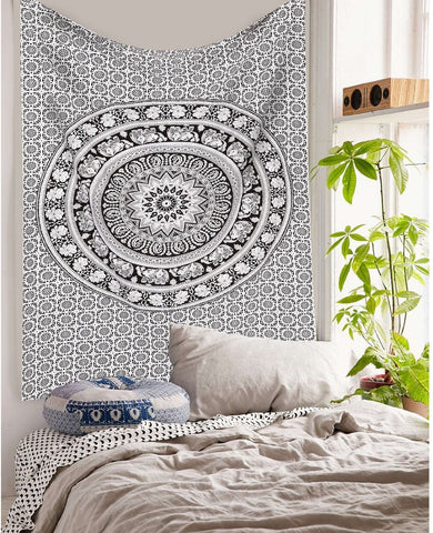 Black and White Mandala Tapestry Bohemian dorm room twin bedding-Jaipur Handloom
