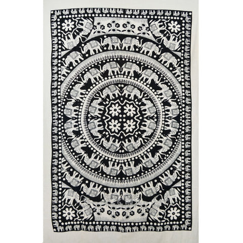 Black and White Psychedelic Tapestry Indian Elephant Mandala Bed cover-Jaipur Handloom
