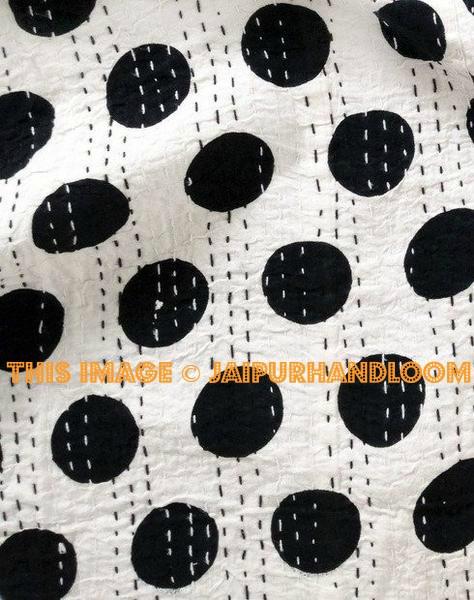 Black and White Queen Polka Dot Kantha Quilt Indian Kantha Bedspread
