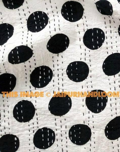 Black and White Queen Polka Dot Kantha Quilt Indian Kantha Bedspread