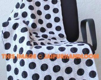Black and White Queen Polka Dot Kantha Quilt Indian Kantha Bedspread