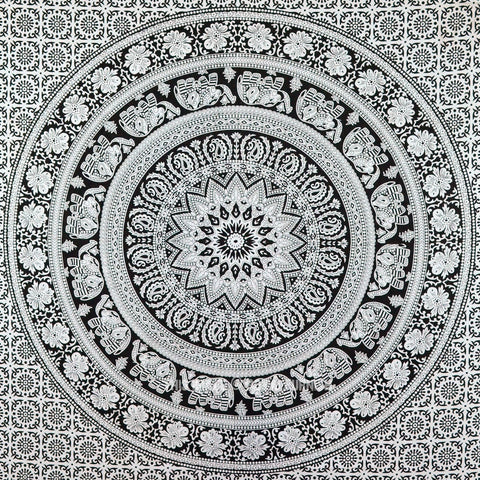 Black and White Tapestry Cute Elephant Mandala Wall Hanging Dorm Decor-Jaipur Handloom