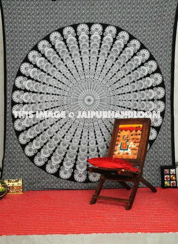 Black and White Tapestry with concentric circle mandala design wall hanging  and beach throw 90x60