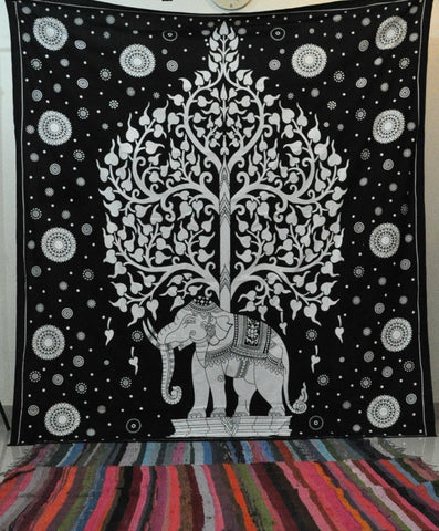 Black and white tree of life elephant tapestry Queen dorm tapestry-Jaipur Handloom