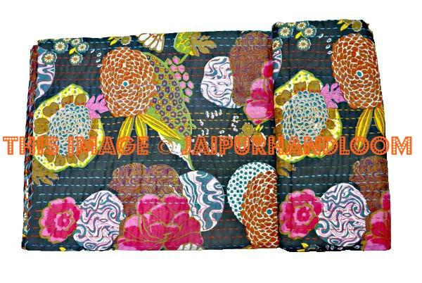 Black floral kantha Bedspread Bedcover in Queen Bedding-Jaipur Handloom