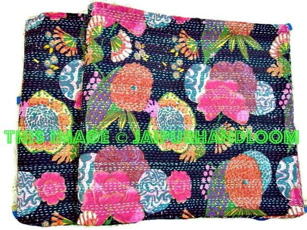Black floral kantha Bedspread Bedcover in Queen Bedding-Jaipur Handloom