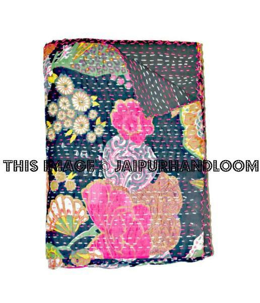 Black floral kantha Bedspread Bedcover in Queen Bedding-Jaipur Handloom