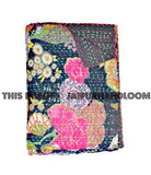 Black floral kantha Bedspread Bedcover in Queen Bedding-Jaipur Handloom