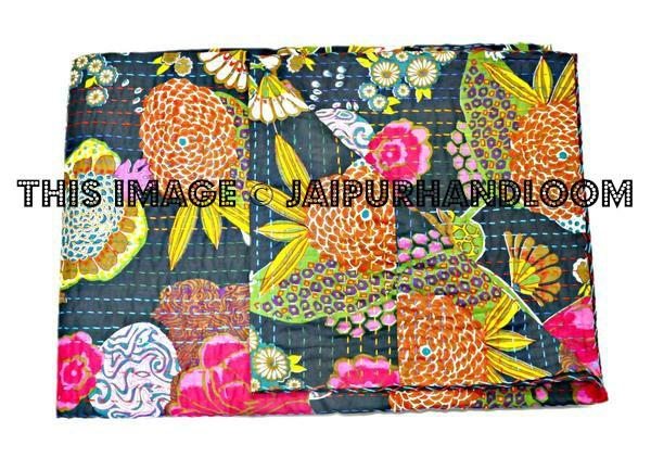 Black floral kantha Bedspread Bedcover in Queen Bedding-Jaipur Handloom