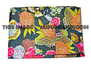 Black floral kantha Bedspread Bedcover in Queen Bedding-Jaipur Handloom