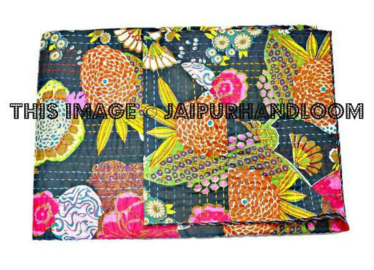Black floral kantha Bedspread Bedcover in Queen Bedding-Jaipur Handloom