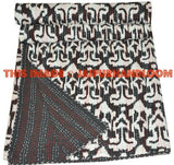 Black ikat Kantha Quilt, indian sari Quilt, ikat quilt, Kantha Throw, Kantha Blanket, Reversible Quilt, Handmade ikat Throw Bohemian Quilt-Jaipur Handloom