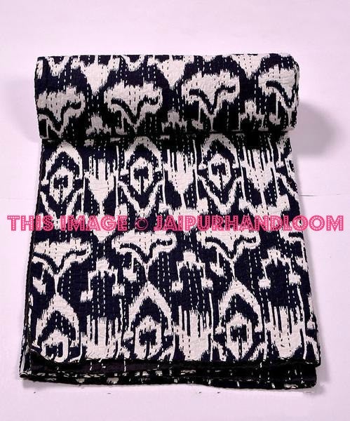 Black ikat Kantha Quilt, indian sari Quilt, ikat quilt, Kantha Throw, Kantha Blanket, Reversible Quilt, Handmade ikat Throw Bohemian Quilt-Jaipur Handloom
