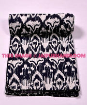 Black ikat Kantha Quilt, indian sari Quilt, ikat quilt, Kantha Throw, Kantha Blanket, Reversible Quilt, Handmade ikat Throw Bohemian Quilt-Jaipur Handloom