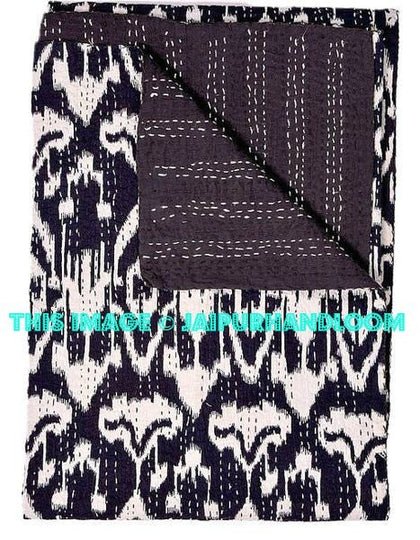 Black ikat Kantha Quilt, indian sari Quilt, ikat quilt, Kantha Throw, Kantha Blanket, Reversible Quilt, Handmade ikat Throw Bohemian Quilt-Jaipur Handloom