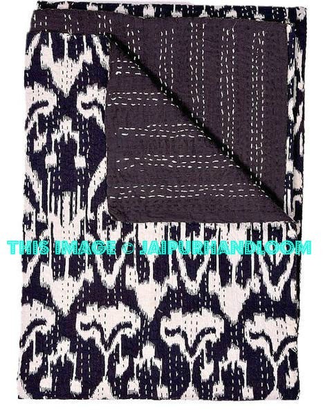 Black ikat Kantha Quilt, indian sari Quilt, ikat quilt, Kantha Throw, Kantha Blanket, Reversible Quilt, Handmade ikat Throw Bohemian Quilt-Jaipur Handloom