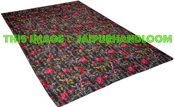 Black indian sari kantha quilt, floral kantha quilt bedding, birds kantha quilted bedspread, kantha quilt bedcover, floral blanket throw-Jaipur Handloom