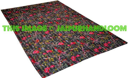 Black indian sari kantha quilt, floral kantha quilt bedding, birds kantha quilted bedspread, kantha quilt bedcover, floral blanket throw-Jaipur Handloom