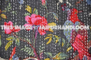 Black indian sari kantha quilt, floral kantha quilt bedding, birds kantha quilted bedspread, kantha quilt bedcover, floral blanket throw-Jaipur Handloom