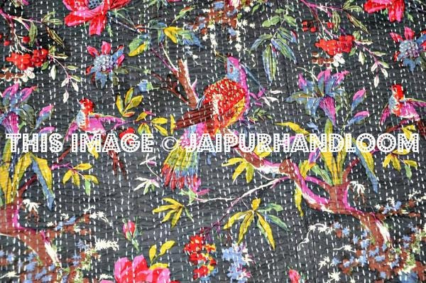 Black indian sari kantha quilt, floral kantha quilt bedding, birds kantha quilted bedspread, kantha quilt bedcover, floral blanket throw-Jaipur Handloom