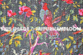 Black indian sari kantha quilt, floral kantha quilt bedding, birds kantha quilted bedspread, kantha quilt bedcover, floral blanket throw-Jaipur Handloom