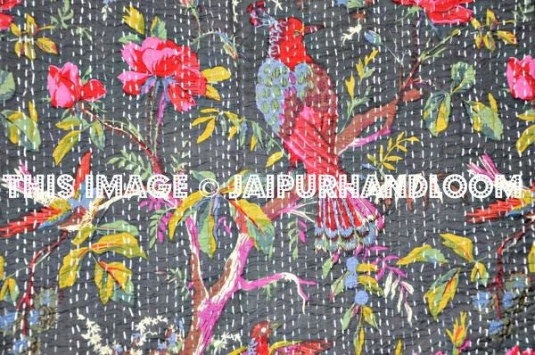 Black indian sari kantha quilt, floral kantha quilt bedding, birds kantha quilted bedspread, kantha quilt bedcover, floral blanket throw-Jaipur Handloom