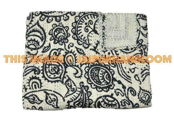 Block Print Quilt, Queen Kantha Quilt, Kantha Throw Blanket Bedding, Christmas Gift Bedding, Indian Bedspread, Queen Sari Kantha Quilt-Jaipur Handloom