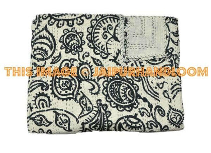 Block Print Quilt, Queen Kantha Quilt, Kantha Throw Blanket Bedding, Christmas Gift Bedding, Indian Bedspread, Queen Sari Kantha Quilt-Jaipur Handloom