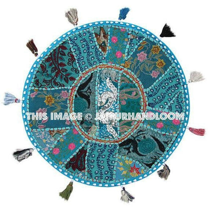 Blue 22" Patchwork Round Floor Pillow Cushion round embroidered Bohemian Patchwork floor cushion pouf Vintage Indian Foot Stool Bean Bag-Jaipur Handloom