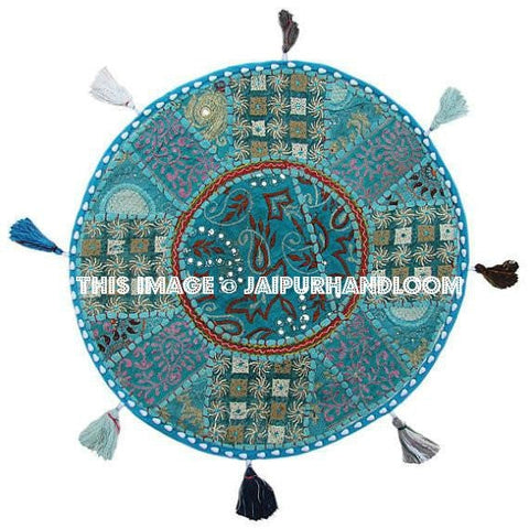 Blue 22" Patchwork Round Floor Pillow Cushion round embroidered Bohemian Patchwork floor cushion pouf Vintage Indian Foot Stool Bean Bag-Jaipur Handloom