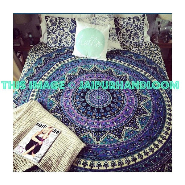 Blue Bohemian Star Kerala Medallion Tapestry Cute Dorm Room Bedding-Jaipur Handloom