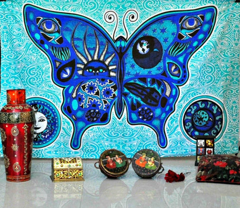 Blue Butterfly Trippy tapestry psychedelic tapestry-Jaipur Handloom