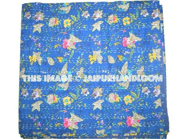 Blue Cotton kantha quilt in floral, Blue Sari kantha blanket, Cotton Reversible Kantha Throw Quilt bedroom Bediing bedspread bed cover-Jaipur Handloom