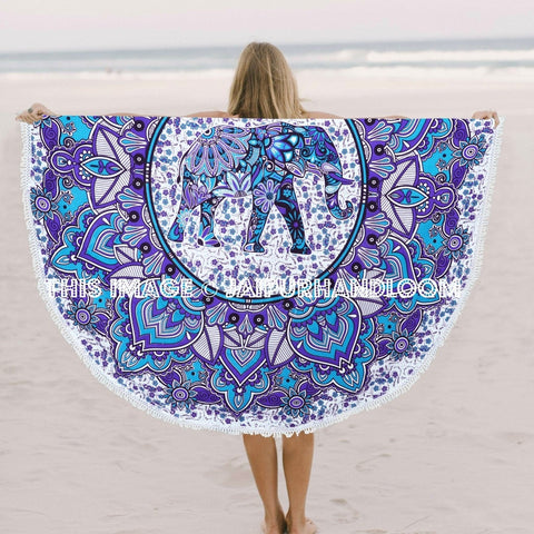 Blue Elephant Floral Ombre Mandala Round Beach Towel With Tassel-Jaipur Handloom