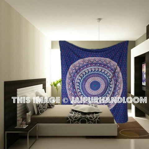 Blue Elephant Mandala Tapestry, Queen, Multi Color Tapestry Wall Decor-Jaipur Handloom