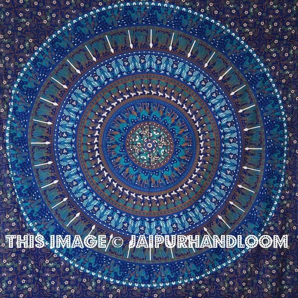 Blue Elephant Mandala tapestry art Wall Tapestry Wall Decor-Jaipur Handloom
